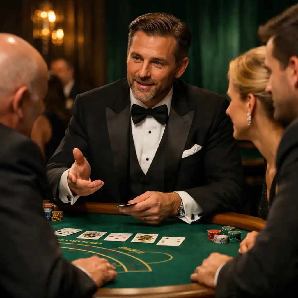 Krupier w stroju black-tie wyjaśniający zasady gościom przy stole