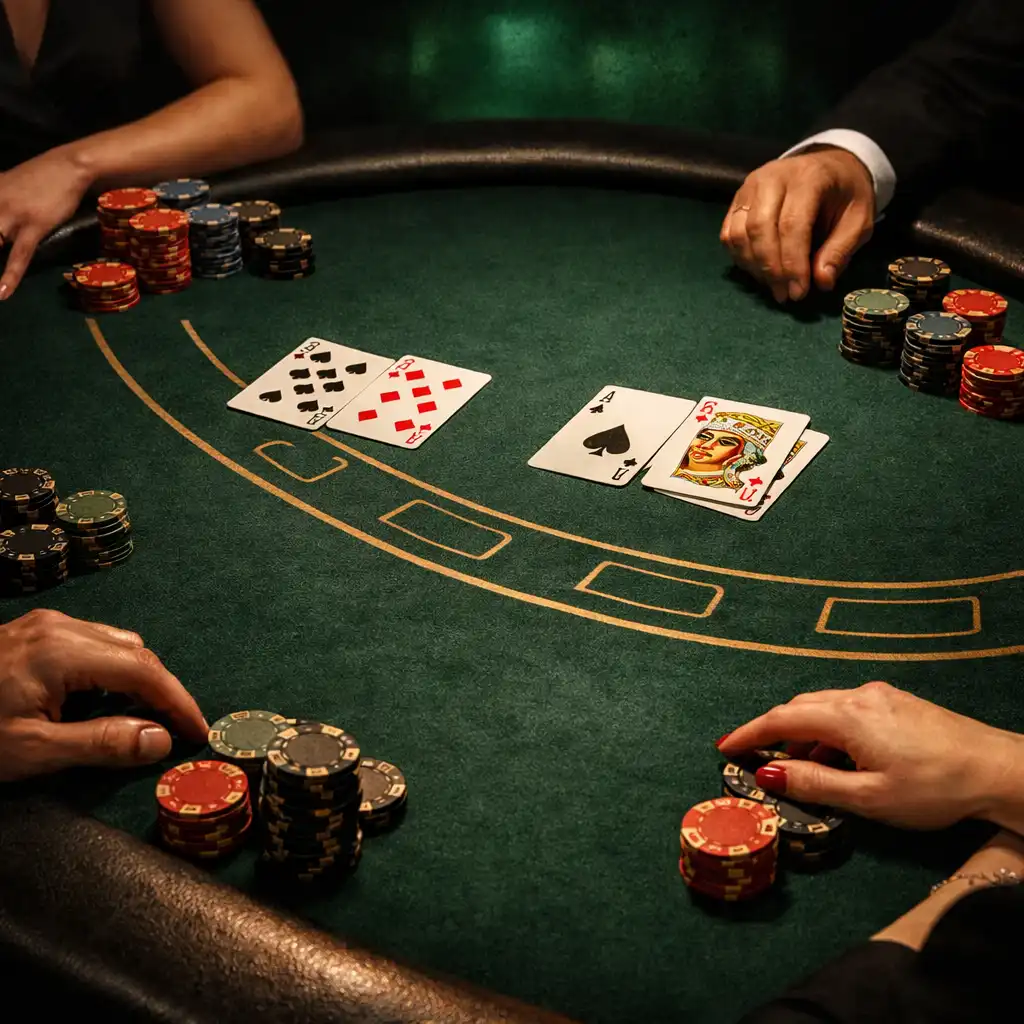 Zielony i czarny stół blackjacka w eleganckiej nocnej oprawie
