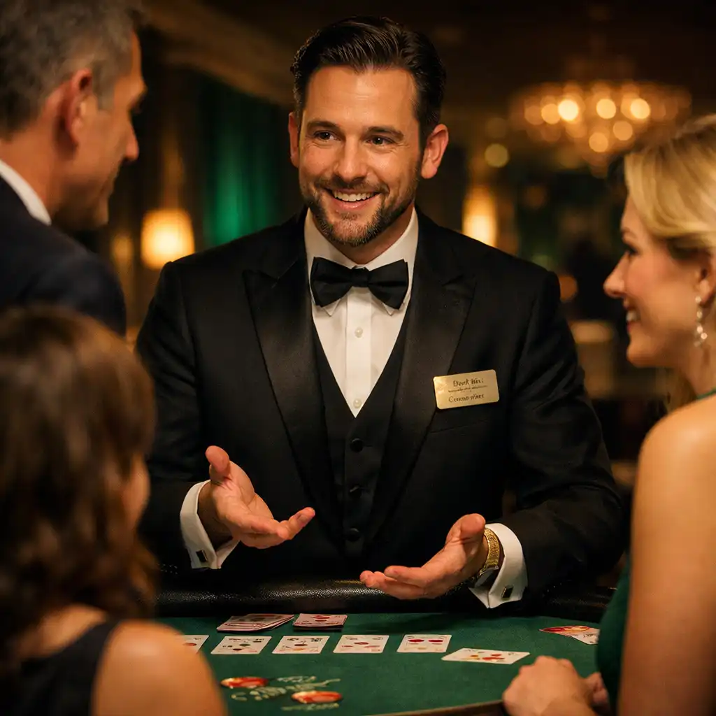 Krupier wyjaśniający zasady gry gościom przy eleganckim stole pokerowym