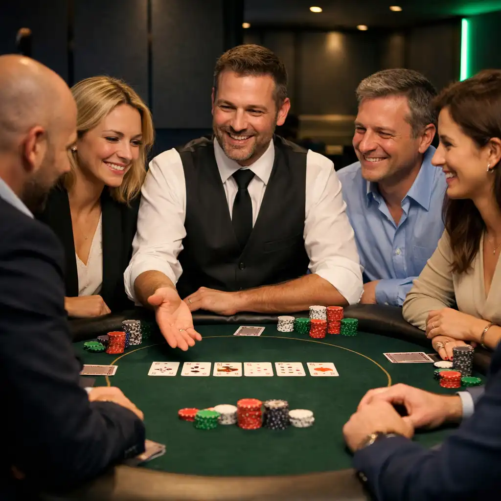 Goście podczas firmowej integracji przy stole do pokera Texas Hold’em