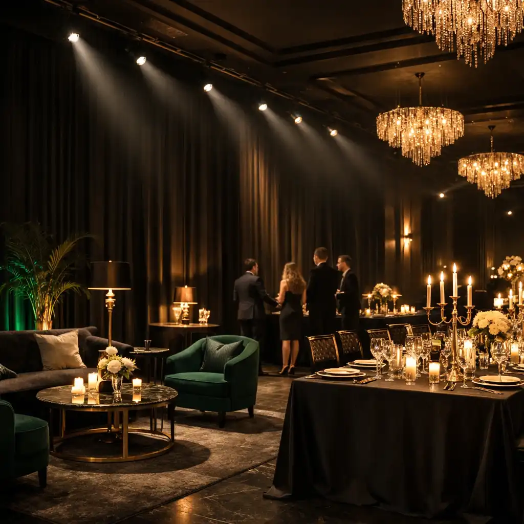 Punktowe oświetlenie i ciemna scenografia eleganckiego eventu
